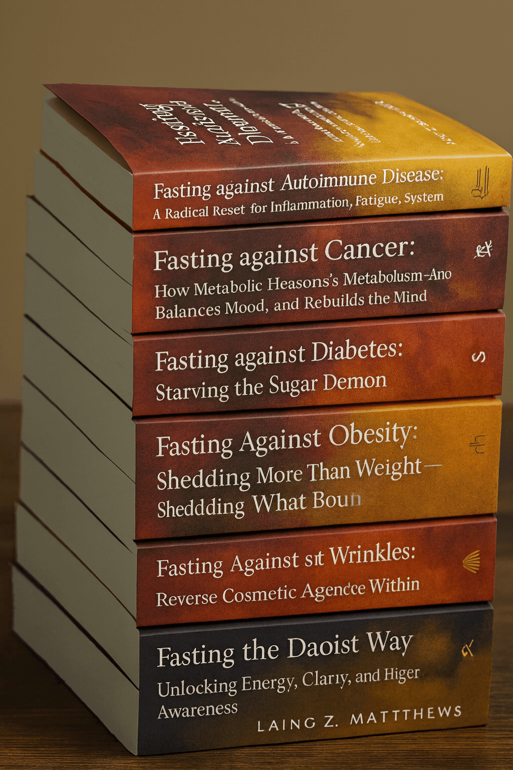Stack of nine fasting and healing books by Laing Z. Matthews, arranged on a wooden table, with titles including Fasting Against Autoimmune Disease, Fasting Against Cancer, Fasting Against Wrinkles, and Fasting the Daoist Way.